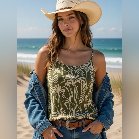 CAbi Tops - CAbi Olive and White Palm Print Camisole NEW